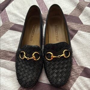 Robert Zur Black Woven Loafers with Gold Accent